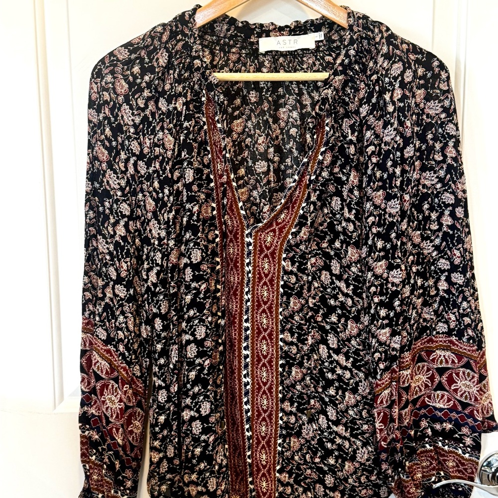 ASTR Black Floral Tunic with Burgundy Embroidered Trim